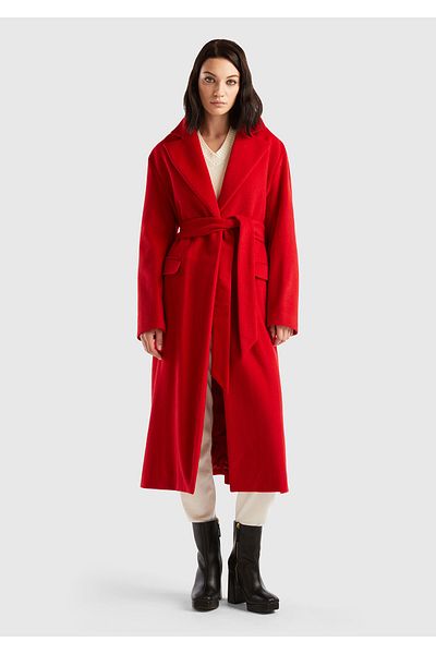 United Colors of Benetton Burgundy Wool Blended Women's Coat - Waist Tied