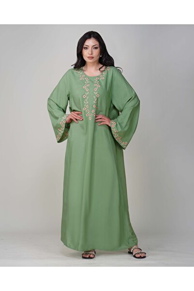 LINELLE جلابية نسائية سادة - خضراء بأكمام طويلة مع تفاصيل تطريز على الرقبة وا...