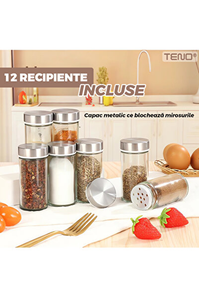 Teno Set 12 Recipiente Organizatoare pentru Condimente Teno®, suport din lemn, 12 borcane, maro