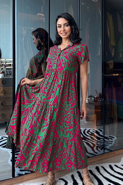 Ded COLLECTION Women's Dominant Collar Short Sleeve Buttoned Relaxed Cut Ethnic Patterned Flounced Long Summer Dress