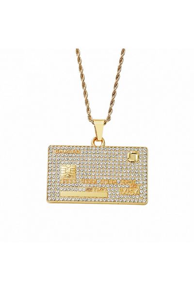 Tessera Rope Hip Hop Necklace with Iced Out Pendant in Credit Card Shape, Zirconium Stones, 18K Gold Plated