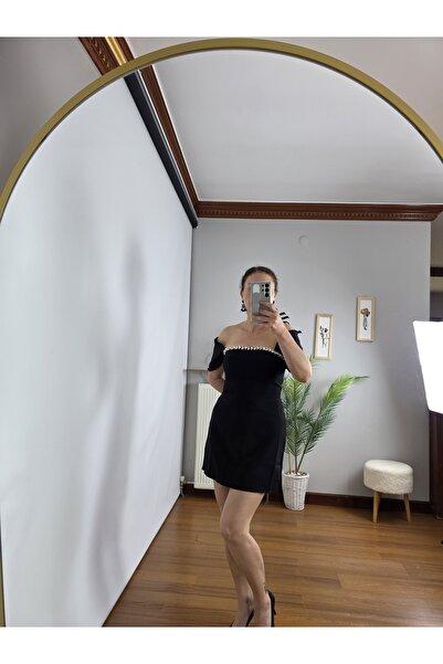 shop Siyah yaka taş detaylı abiye elbise