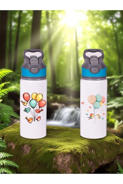 lili hediyelik Balloon Birds Printed 2-Piece Water Bottle with Straw 650 ml