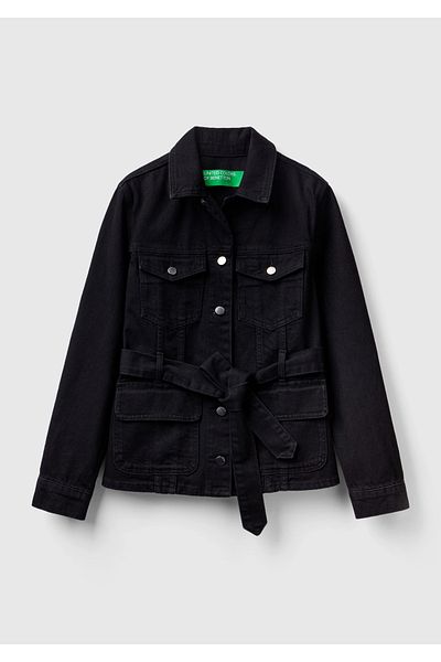 United Colors of Benetton Women's Black Denim Jacket - Waist Tied