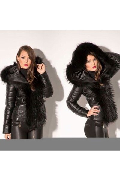 DeriWork Genuine Leather Black Fur Belted Women's Leather Jacket