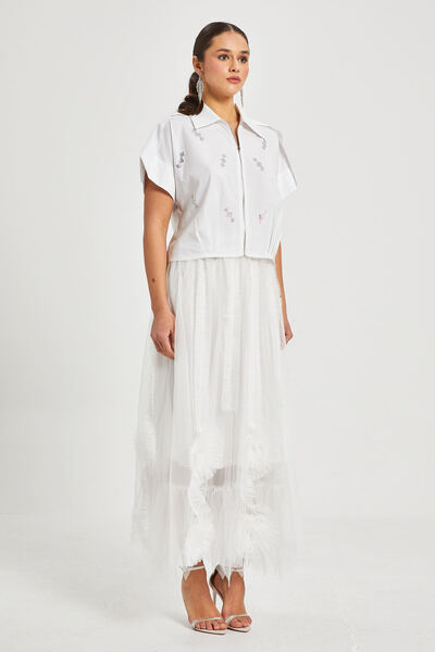 SERPİL Kadın Tül Detaylı Uzun Etek – Astarı Elastan Karışımlı, Özel Tasarım