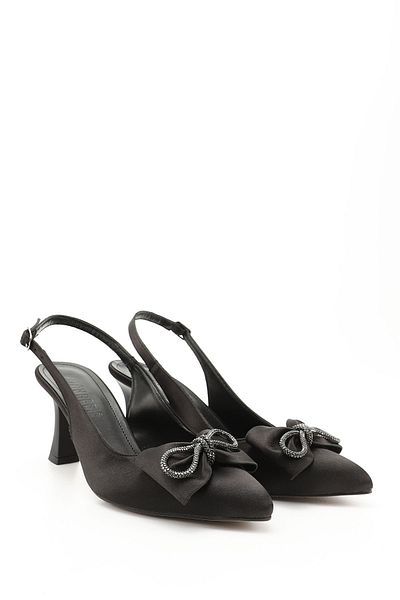 GÖNDERİ(R) Women / Girls Black Satin Pointed Toe Goblet Heel Slingback Shoes