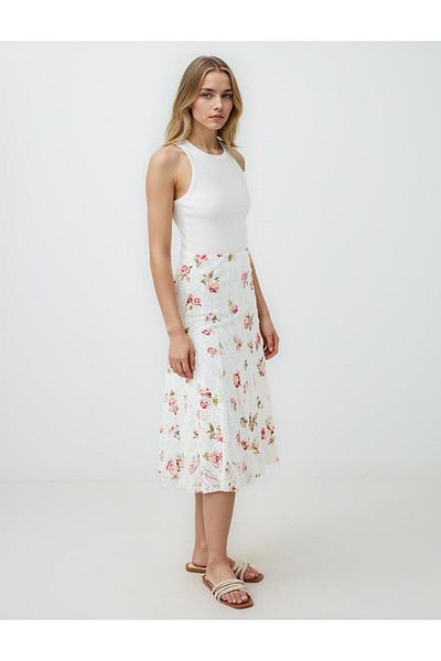 Jimmy Key Ecru Floral Patterned Regular Waist Knitted Midi Skirt