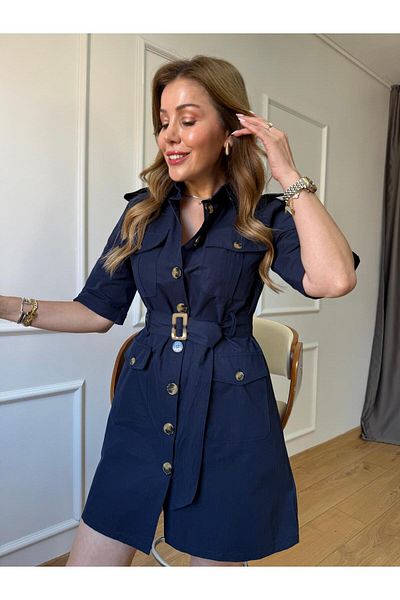 Size Özgü Navy Blue Buttoned Mini Dress