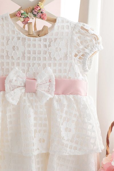 PİTABABY Perla - White Lace Baby Girl Dress – Special Occasion Dress with Pink Ribbon Detail