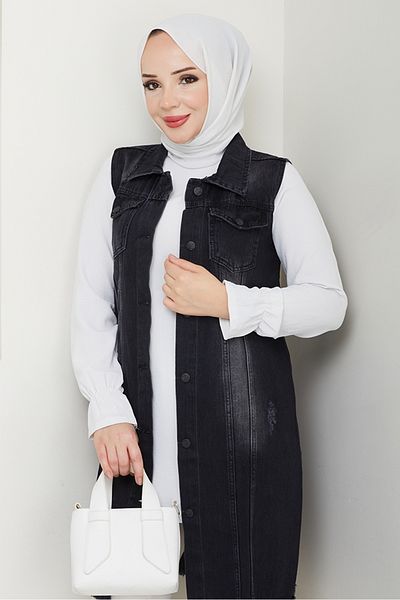 Bestenur Nesa Tasseled Denim Vest 1527 - Anthracite