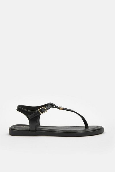 NILUFARR Enci Black Genuine Leather Flip Flops Women's Sandals