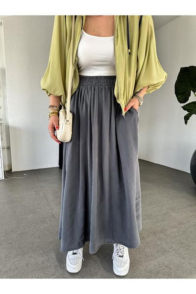 Zerrincan Giyim Anthracite Soft Skirt with Elastic Waist and Pockets