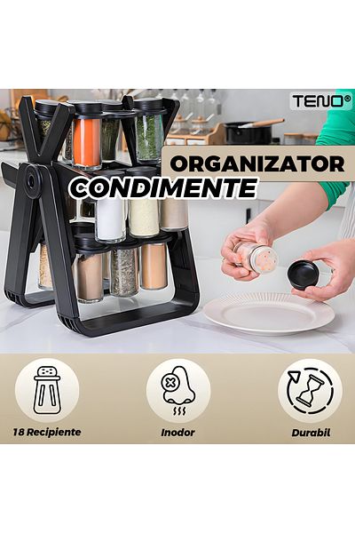 Teno Organizator Condimente Rotativ Teno®, suport ABS, 18 borcane din sticla, 29 x 21 x 25 cm, negru
