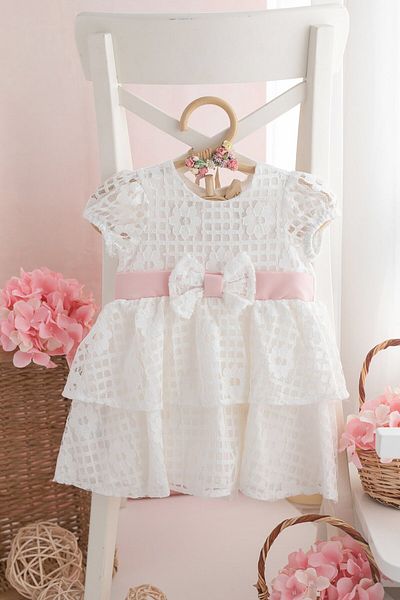 PİTABABY Perla - White Lace Baby Girl Dress – Special Occasion Dress with Pink Ribbon Detail