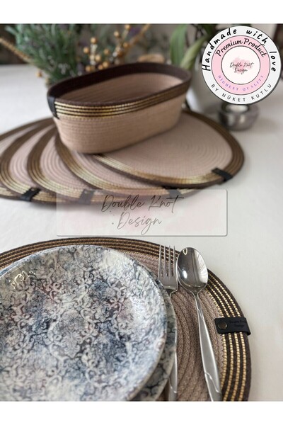DOUBLE KNOT DESİGN 4 Adet Oval Gold Detaylı Tress Supla Amerikan Servis Hediyelik Yemek Masası Davet