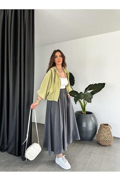 Zerrincan Giyim Anthracite Soft Skirt with Elastic Waist and Pockets