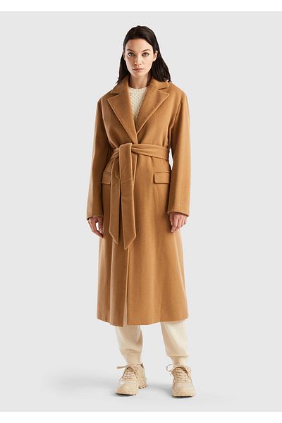 United Colors of Benetton Tan and Wool Blended Women's Coat - Waist Tied