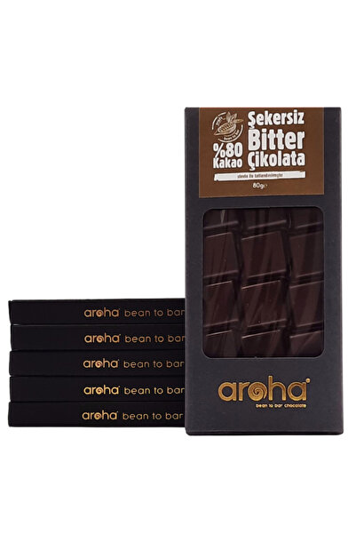AROHA %80 Kakao Şekersiz Bitter Çikolata Stevialı 5'li Paket (80 G X 5 Adet)