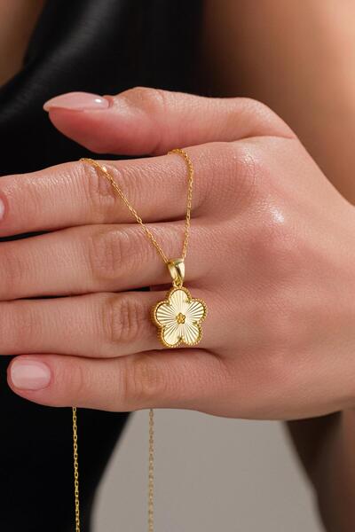 Tmt Silver Gümüş Altın Gold Kaplama Yonca Lazer Kalem İşlemeli Kolye