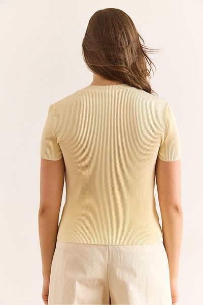 Olalook Women's Yellow Crew Neck Short Sleeve Pleated Blouse Blz-19002892