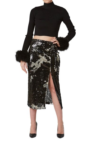 ECEM ALP Black Silver Sequined Midi Pencil Skirt - Leg Slit , Double Direction Embroidered