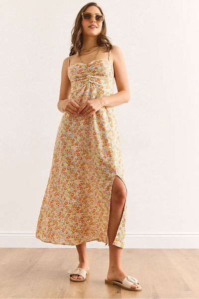 Olalook Women's Yellow Orange Strap Adjustable Front Gathered Woven Viscose Dress Elb-19002438