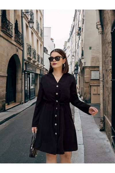 BEES JEANS Long Sleeve, Deep Shirt Collar Tie Waist Pocket Button Front, A-Line Loose Dress