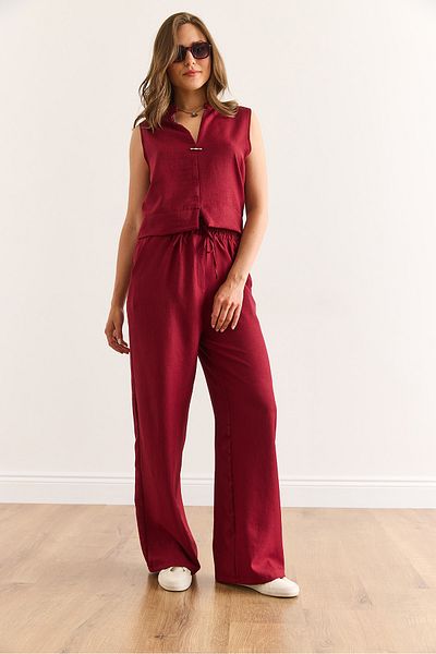 Olalook Women's Burgundy Bottom Top Linen Look Suit Tkm-19000395