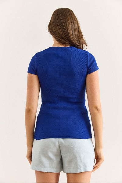 Olalook Women's Saks Blue V Metal Detail Flexible Cotton Blouse Blz-19002921