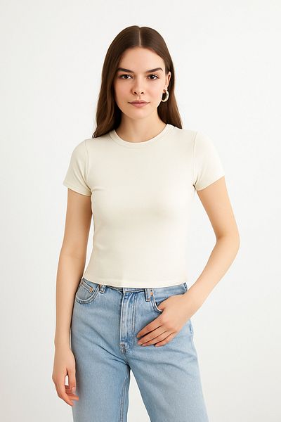 modavingo Women's Ecru Crew Neck Soft Textured Body