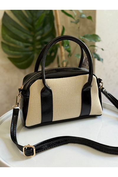 ZEYS Leather Women's Hand and Shoulder Bag with Canvas Detail