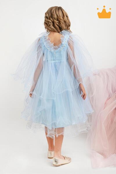 MİNİMONY Рокля с пълна дължина за момичета 5-9 години - Детайл с наметало на ръкава, празнична абитуриентска вечерна рокля с булката