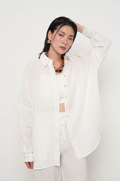 Orfeo Negro Women's 100% Linen Bat Sleeve Straight Oversize Shirt
