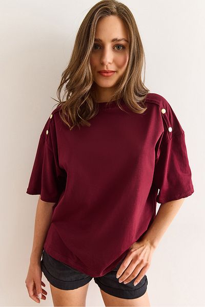 Olalook Tricou de damă din bumbac cu nasturi aurii, bordeaux, TSH-19000763