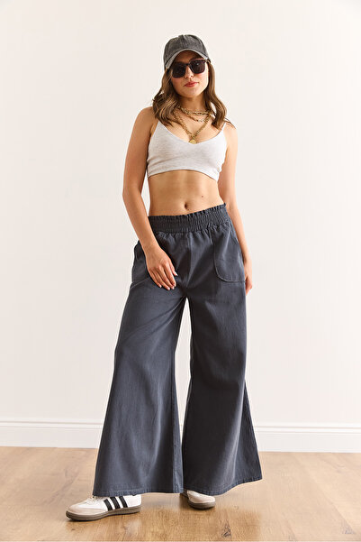 Olalook Kadın Füme Beli Lastikli Cepli İspanyol Paça Pamuk Gabardin Pantolon PNT-19000314
