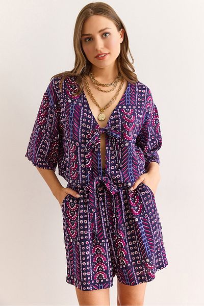 Olalook Women's Ethnic Purple Top Blouse Bottom Pocket Shorts Woven Viscose Suit Tkm-19000393