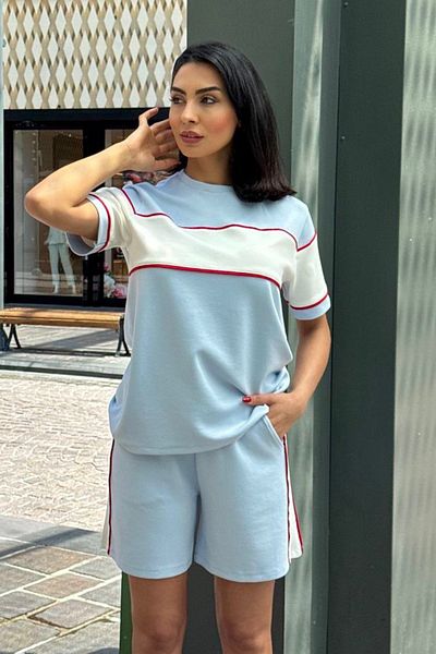 Ded COLLECTION Women's Short Sleeve Crew Neck Piping Detailed Tshirt Shorts Modal Fabric Set
