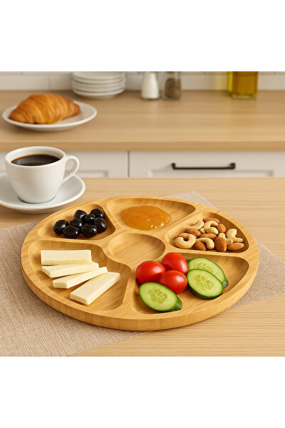 Mareluxe Doğal Bambu Yuvarlak Ahşap 5 Bölmeli Sunum Tabağı – Kahvaltı & Atışt...