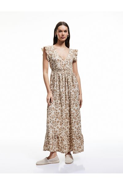 Koton Butterfly sleeve, patterned, V neck, layered maxi dress.