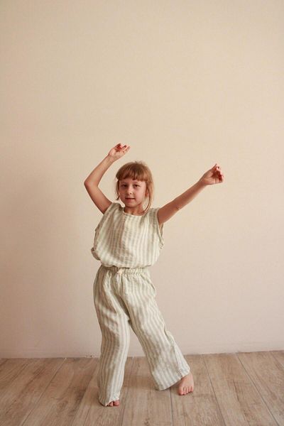Oh La La Koala For Little Ones Green Striped Asymmetrical Pocketed Muslin Suit