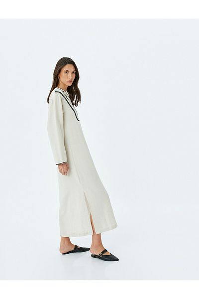 Koton Linen blend embroidered V-neck oversize long dress.