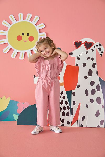 Patique Kids Pink Denim Ruffle Cotton Girls Jumpsuit