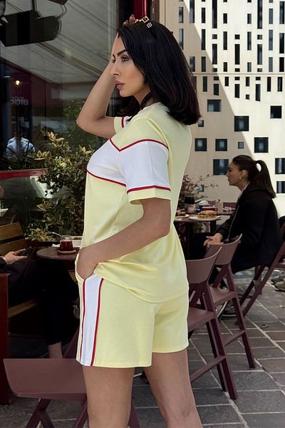 Ded COLLECTION Women's Short Sleeve Crew Neck Piping Detailed Tshirt Shorts Modal Fabric Set