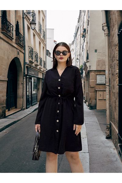 BEES JEANS Long Sleeve, Deep Shirt Collar Tie Waist Pocket Button Front, A-Line Loose Dress