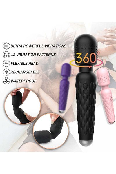 WildFashion Vibrator tip Wand cu cap flexibil, pentru stimulare clitoridiana, Negru, TOY444-1