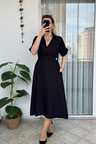 KUBOS MODA Adjustable Waist Double Breasted Collar Short Sleeve Black Dress