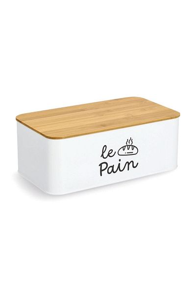 zeller Waiss bread box, metal, white, bamboo lid, 33.8 x 19.3 x 12.5 cm