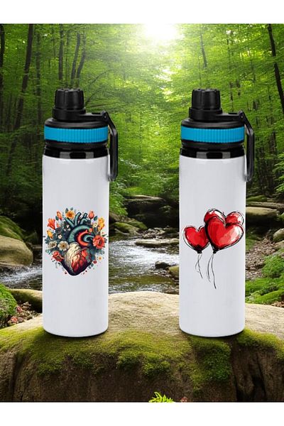 lili hediyelik Heart Printed 2-Piece Blue Handled Flask 850 ml