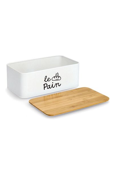 zeller Waiss bread box, metal, white, bamboo lid, 33.8 x 19.3 x 12.5 cm